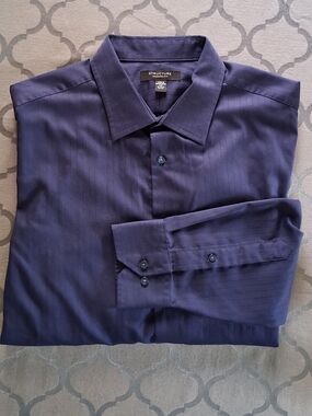Structure Modern Fit Dress Shirt - Navy Blue Stripe Long Sleeve Men's Large